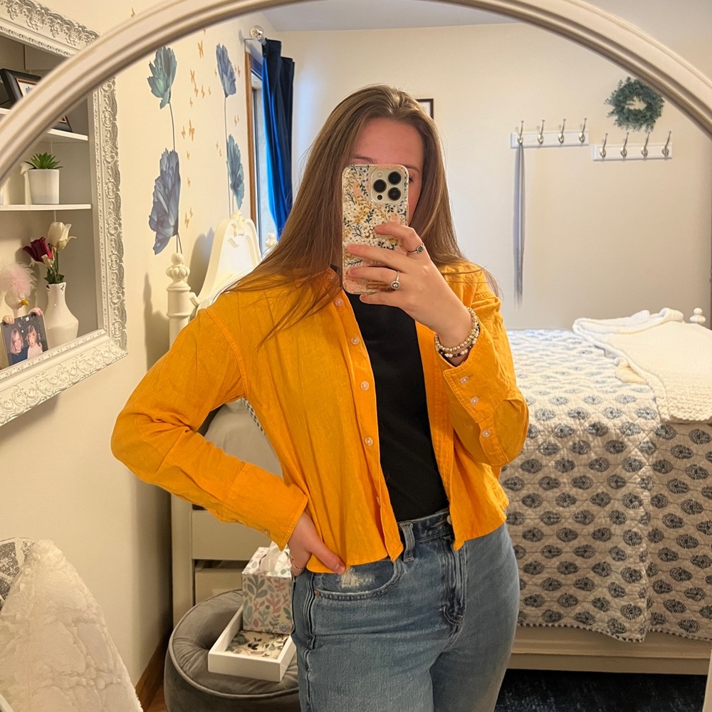 Vibrant Orange-Yellow Button-Up Shirt